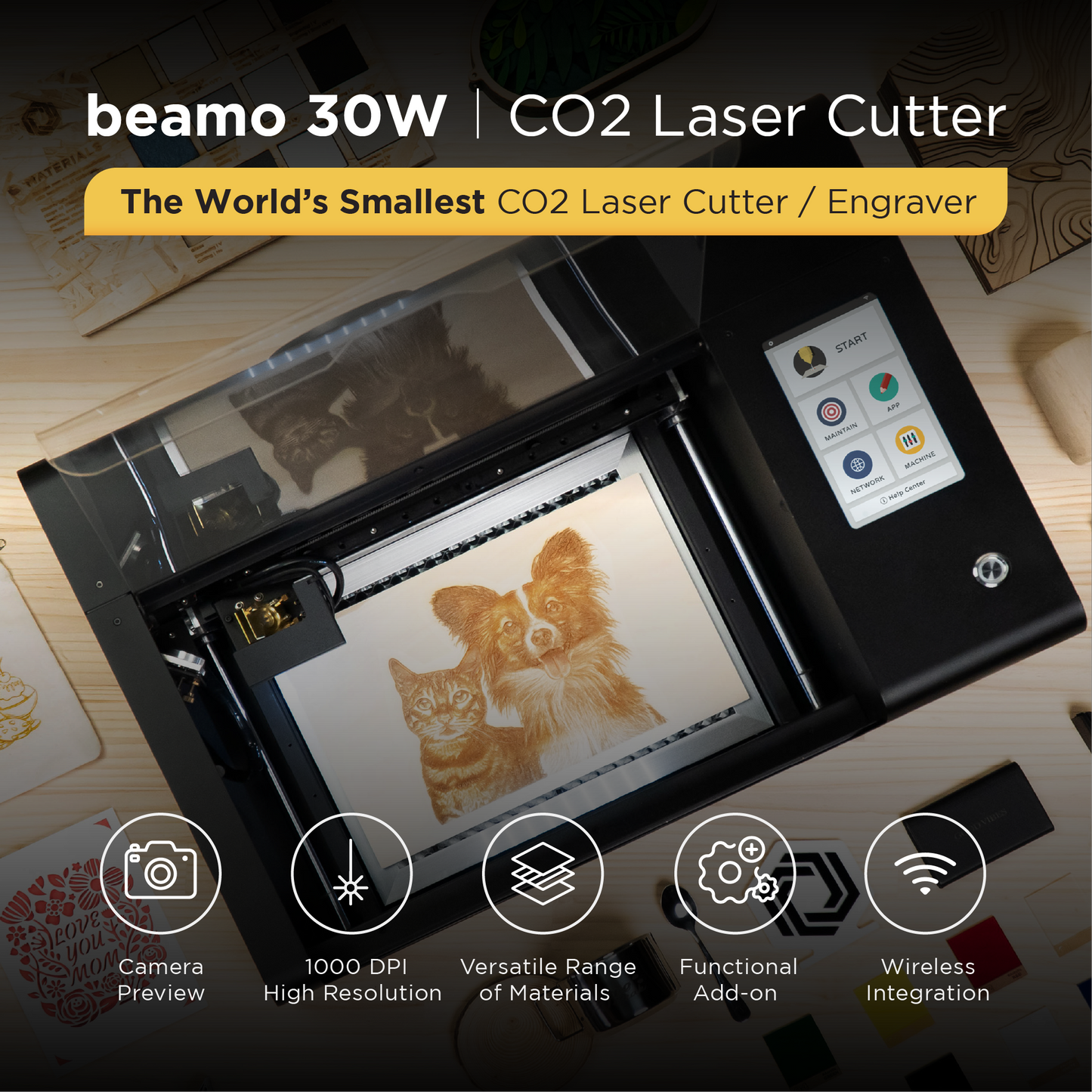 FLUX beamo 30W Desktop CO2 Laser Cutter with LightBurn Bridge Cable
